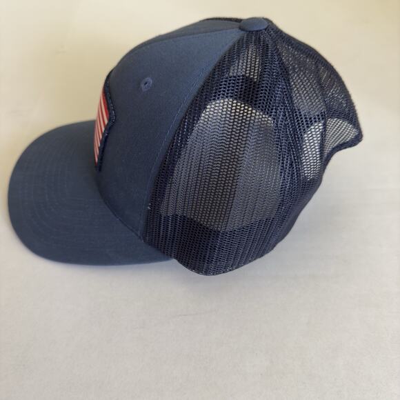 Huk Mens Fishing Hat Cap Snap Back Navy Blue Trucker Mesh American Flag Patch - Picture 2 of 5